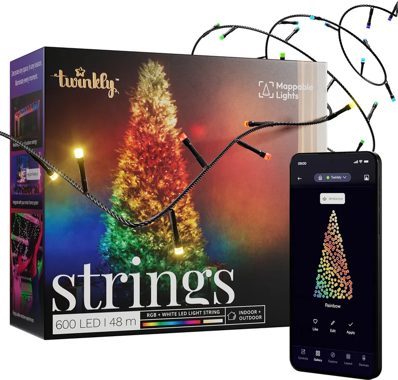 Strings Lichtsnoer - 48M - LED Verlichting - RGB & Warm Licht - Dimbaar - Binnen & Buiten - Bluetooth Wifi - Werkt met Homekit, Homey, Google Home, Razer Chroma - Zwart van Twinkly – productfoto