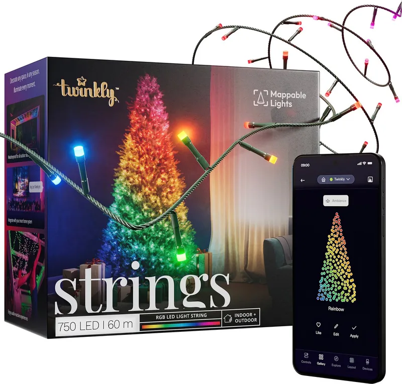 Strings Lichtsnoer - 60M - LED - 750LED RGB - Dimbaar - Binnen & Buiten - Bluetooth of Wifi - Werkt met Homekit, Homey, Google Home en Razer Chroma - Zwart van Twinkly – productfoto