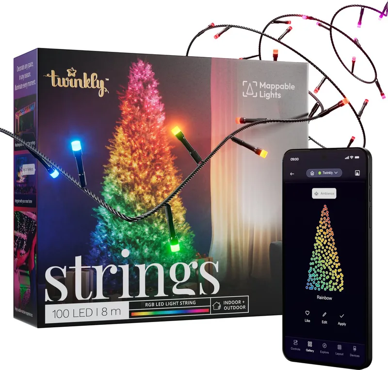 Strings Lichtsnoer - 8M - LED - 100LED RGB - Dimbaar - Binnen & Buiten - Bluetooth of Wifi - Werkt met Homekit, Homey, Google Home en Razer Chroma - Zwart van Twinkly – productfoto