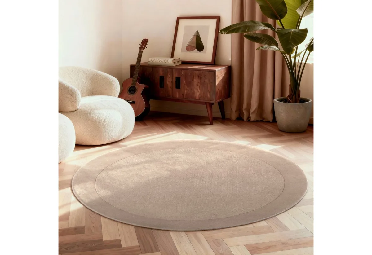 Teppich Wollteppich Kivi, rund, Höhe: 17 mm, Handgewebt, Wolle, Bordüre, Einfarbig, Läufer, Wohnzimmer, Organisch de Villeroy & Boch en Beige – photo du produit