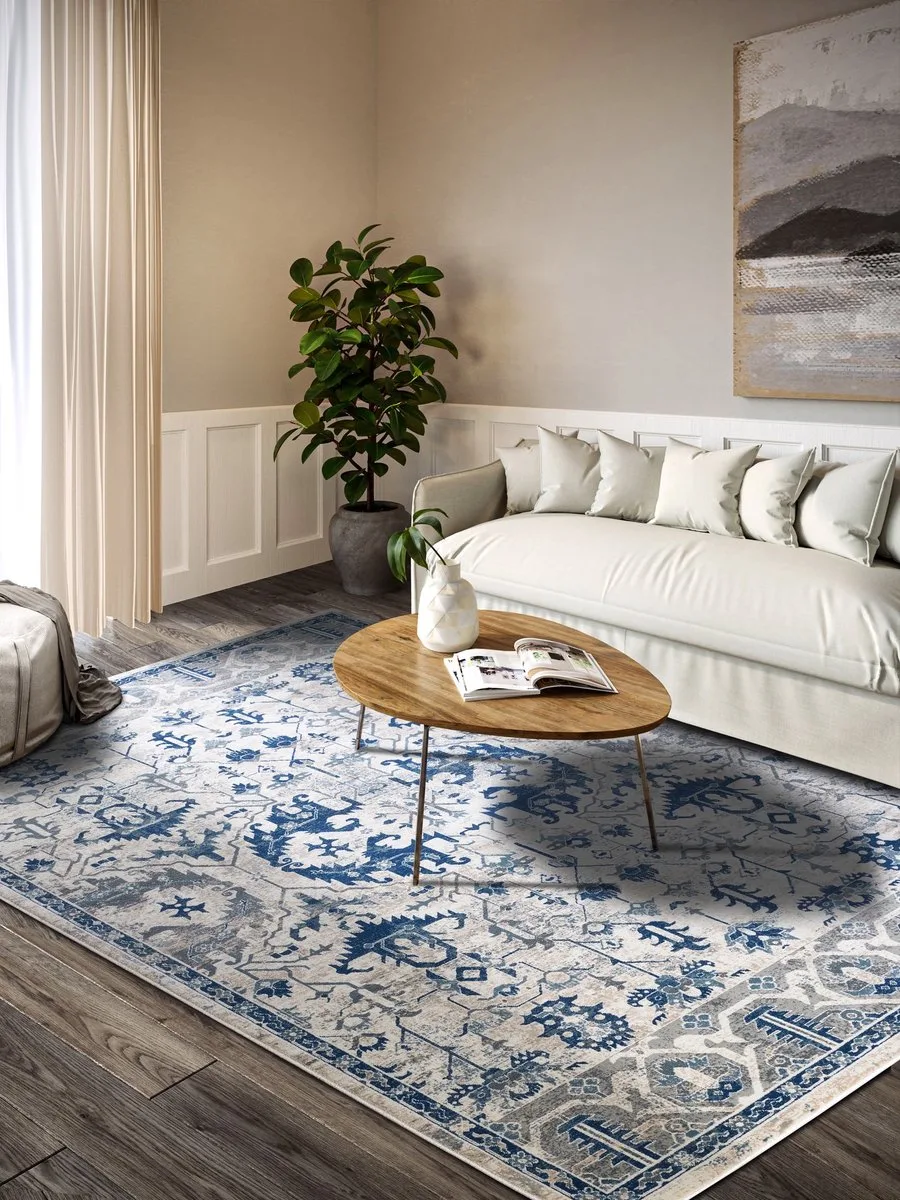 Vintage vloerkleed - Emmanuel Blauw/Crème - Laagpolig Tapijt - 120x170 cm van Villeroy & Boch in Blauw – productfoto