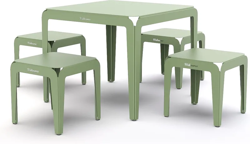 Bended Table | Aluminium Tuintafel 90 x 90 cm | Tuinmeubel, Buitentafel Vierkant, Eettafel Buiten | Tuin Tafel 4 Personen | Lichtgroen de Weltevree en Lichtgroen RAL 6021 – photo du produit
