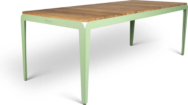 Bended Table Wood | Duurzame Tuintafel Hout & Staal 90 x 220 cm | Eettafel Buiten Essenhout, Tuinmeubel | Tuin Tafel 8 Personen | Lichtgroen by Weltevree in Lichtgroen RAL 6021 – product photo