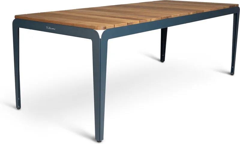 Bended Table Wood | Duurzame Tuintafel Hout & Staal 90 x 220 cm | Eettafel Buiten Essenhout, Tuinmeubel | Tuin Tafel 8 Personen | Grijsblauw by Weltevree in Grijsblauw RAL 5008 – product photo