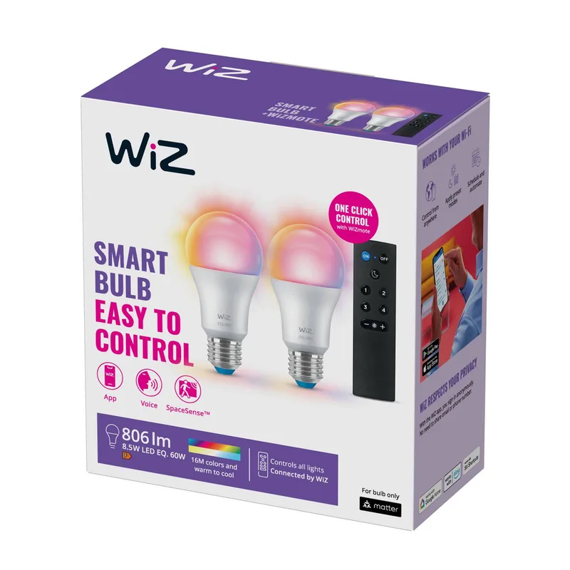 A60 LED mat WiFi E27 8,5W RGBW afstandsbediening set van 2 van WiZ – productfoto