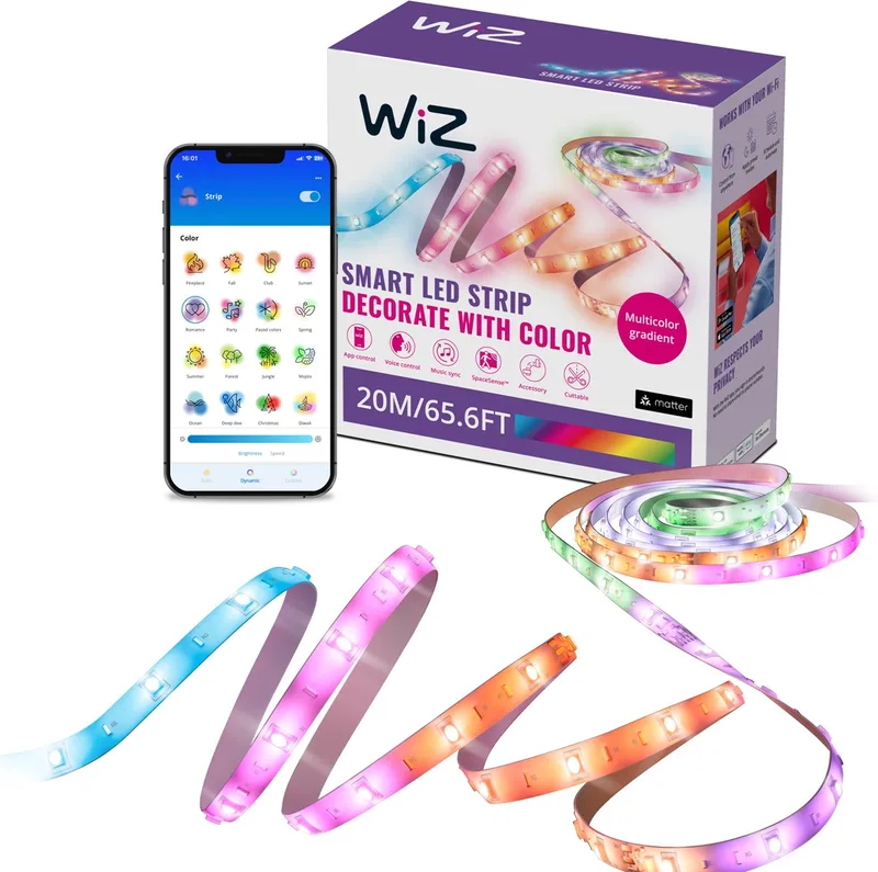 LED strip - 20 meter - RGBIC - Makkelijke installatie - Gekleurd en licht - Muzieksynchronisatie - RGBIC; meerdere kleuren tegelijk van WiZ in Wit – productfoto