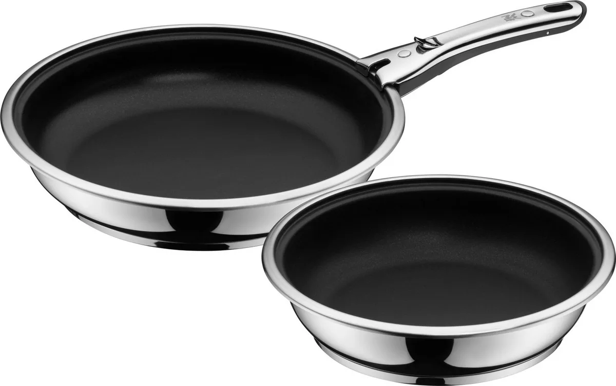 Pfannen-Set Click&Serve Pfannen Set, 3-teilig, Cromargan Edelstahl rostfrei 18/10 (1x Bratpfanne beschichet ohne Griff 24 cm, 1x Bratpfanne beschichet ohne Griff 28 cm, 1x abnehmbarer Griff, 2-tlg., Bratpfanne ohne Griff, Bratpfanne ohne Griff, abnehmbarer Griff), 360°-Rundumbefestigung, tropffr by WMF – product photo