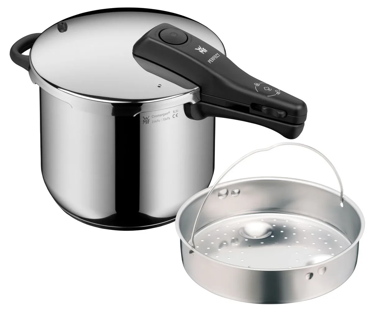 Schnellkochtopf Perfect One Pot Schnellkochtopf mit Dampfgareinsatz, 22 cm, 6,5 Liter, Edelstahl von WMF – Produktfoto