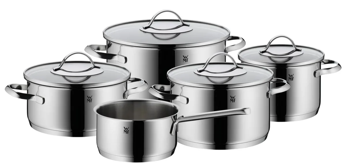 Topf-Set Aparto Topf-Set 5-teilig, Cromargan Edelstahl, Induktion, (5-tlg., 1x Bratentopf, 3x Fleischtopf, 1x Stielkasserolle), Tropffreier Schüttrand und hochwertige Glasdeckel by WMF in Silver – product photo