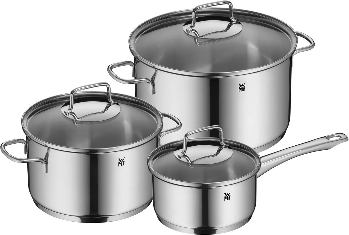 Topf-Set Astoria, Kochtopf Set Induktion mit Glasdeckel, breiter Schüttrand, Cromargan® Edelstahl Rostfrei 18/10 (Set, 6-tlg), hochglanzpoliert, für alle Herdarten geeignet, hochwertige Qualität van WMF in Zilver – productfoto