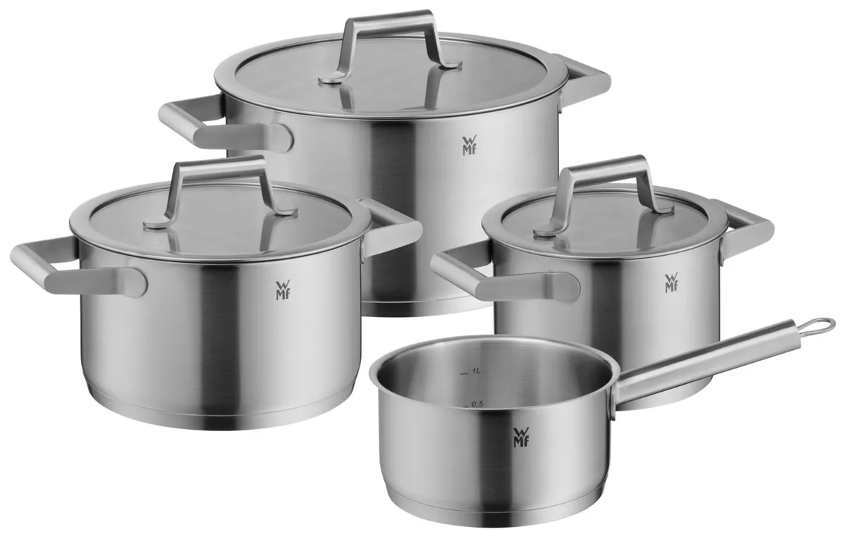 Topf-Set Comfort Line Topf Set, 4-teilig, Cromargan® Edelstahl rostfrei 18/10 (3 Kochtöpfe mit Deckel und 1 Stielkasserolle), Hohlgriffe, TransTherm®-Boden, Innenskalierung, Schüttrand van WMF – productfoto