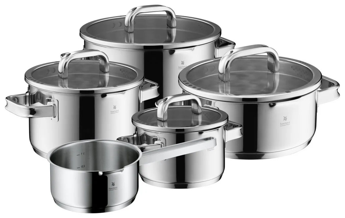 Topf-Set Function 4 Advanced Topf-Set, 5-teilig, Cromargan® Edelstahl rostfrei 18/10 (Vorteils-Set, 1xBratentopf mit Deckel, 3xFleischtopf mit Deckel, 1x Stielkasserolle), Glasdeckel mit 4 Abgießfunktionen by WMF – product photo