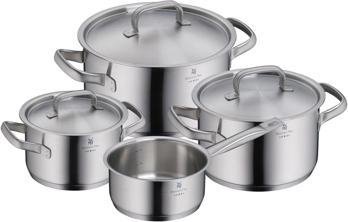 Topf-Set Gourmet Plus, Cromargan® Edelstahl Rostfrei 18/10 (Set, 7-tlg), Mattiert, Hohlgriffe, Innenskalierung, breiter Schüttrand van WMF in Zilver – productfoto