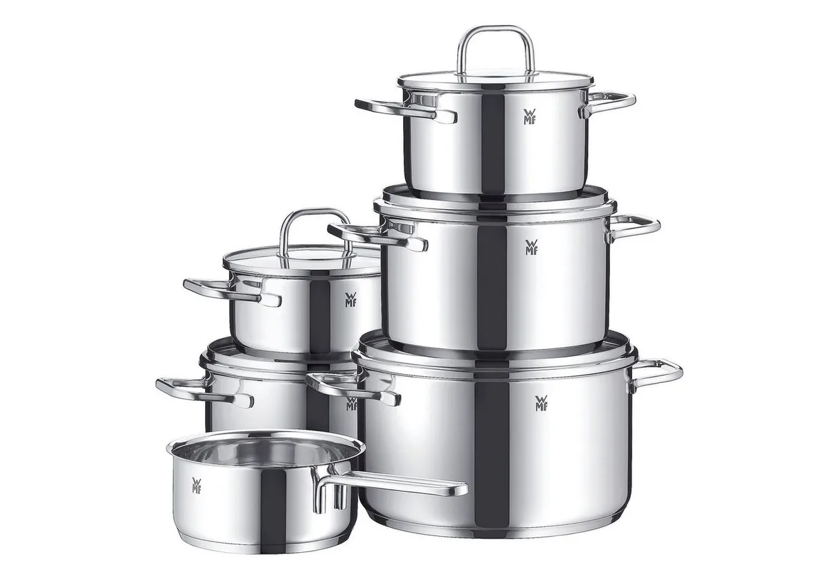 Topf-Set Inspiration Induktion, Kochtopf Set mit Glasdeckel, Cromargan® Edelstahl Rostfrei 18/10 (Set, 11-tlg., 2x Bratentopf Ø 16/20cm, 3x Fleischtopf Ø 16/20/24cm, Stieltopf Ø 16cm), für alle Herdarten geeignet, unbeschichtet de WMF en Argent – photo du produit