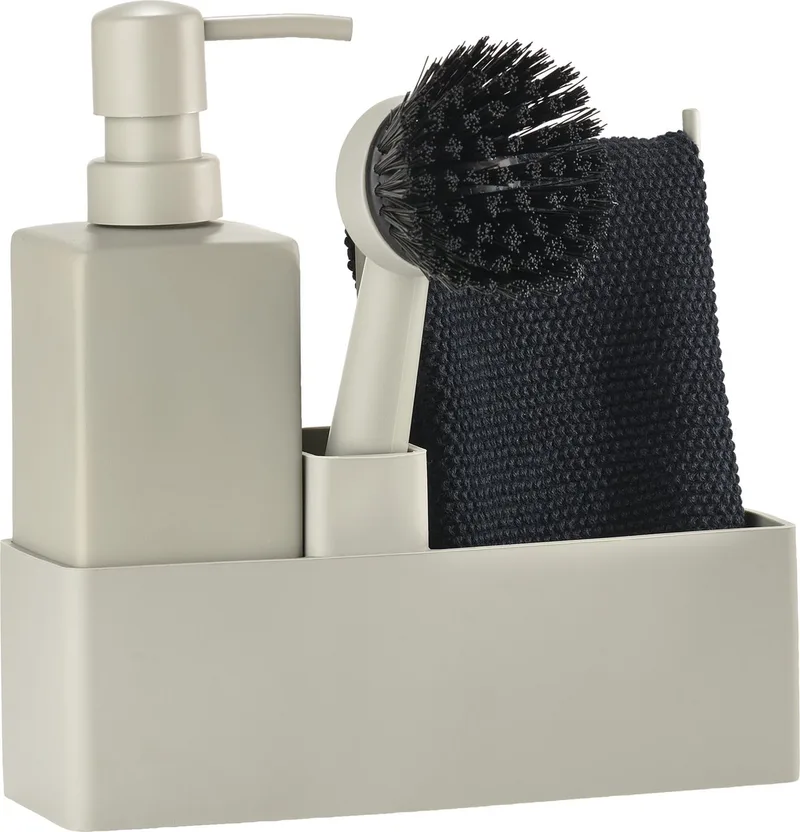 Afwasset 19 x 6 x 20,5 cm met vaatdoekje, keramieke zeepdispenser, afwasborstel en keukenorganizer- 4 stuks - afwas set by Zone Denmark in Mud – product photo