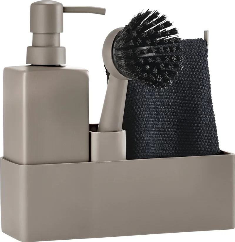 Afwasset 19 x 6 x 20,5 cm met vaatdoekje, keramieke zeepdispenser en afwasborstel- 4 stuks - afwas set fra Zone Denmark i Taupe – produktbillede