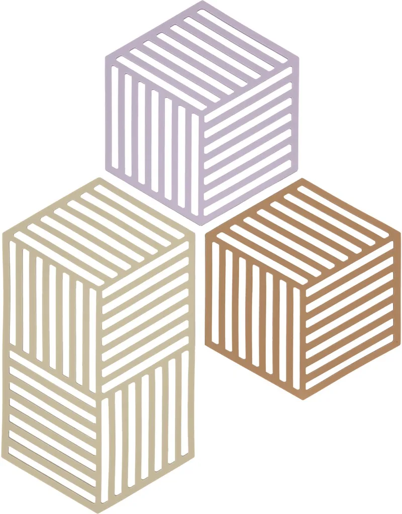 Pannenonderzetter Hexagon Set – Onderzetters Pannen – Hittebestendig tot 250°C – Vaatwasserbestendig – Siliconen – 24 x 14 x 0,9 cm – Lupine/Warm Sand/Light Terracotta – 3 stuks von Zone Denmark in Lupine/Warm Sand/Light Terraco – Produktfoto