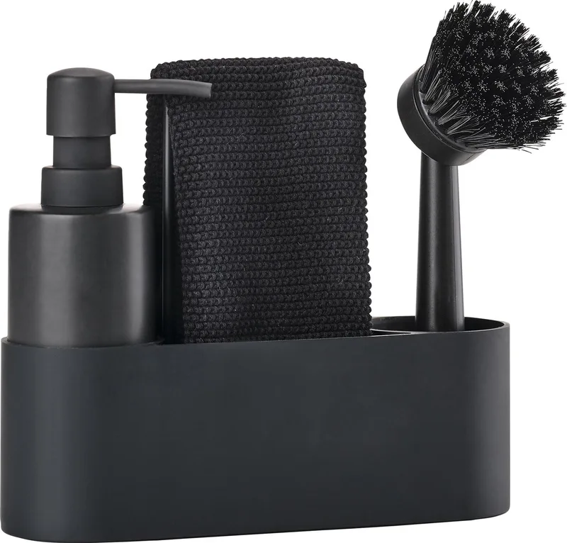 Singles Afwasset 22 x 6,7 x 19 cm 4 stuks - vaatwasserbestendig- met afwasborstel en zeepdispenser - afwas set by Zone Denmark in Black – product photo