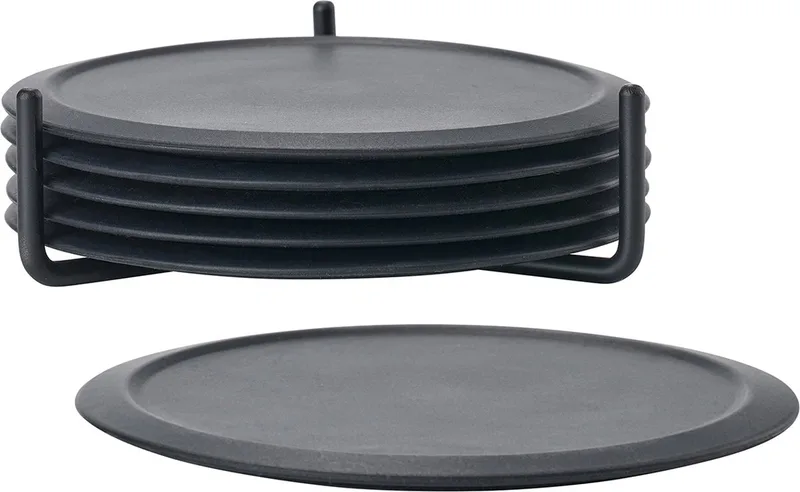 Singles Onderzetters voor Glazen - Siliconen Onderzetters met Houder - Coasters - Set van 6 - Ø 10 cm - Zwart van Zone Denmark in Black – productfoto