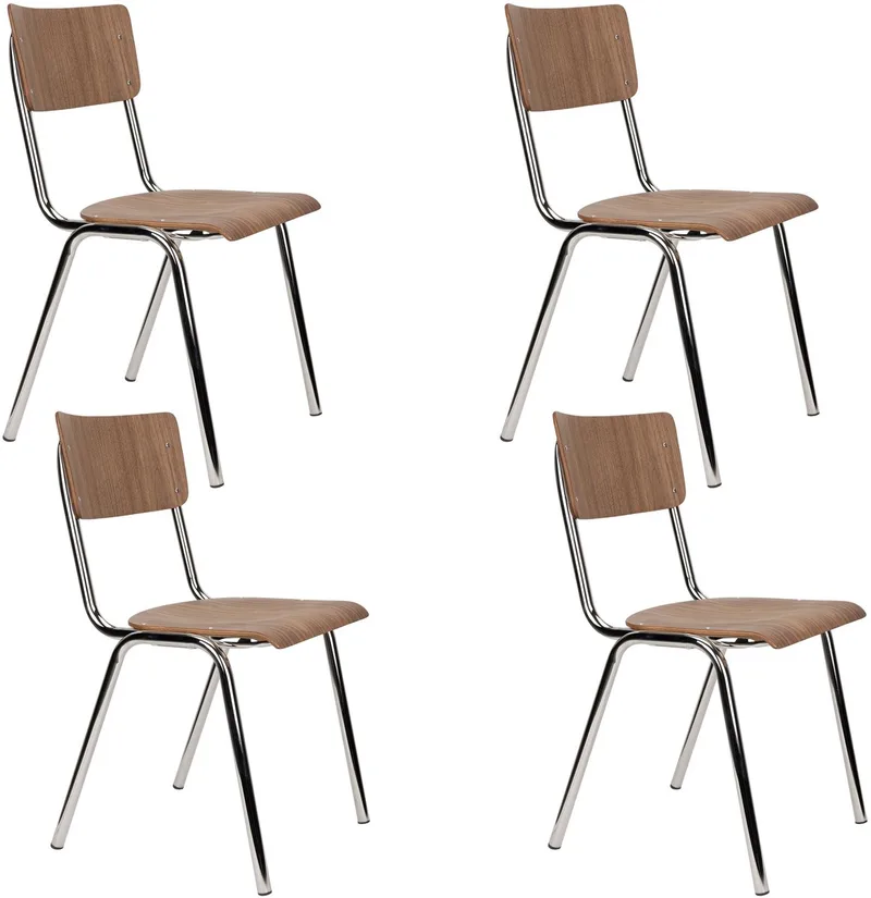 Back to School Eetkamerstoelen Walnoot/Chroom - Set van 4 van Zuiver in Bruin – productfoto