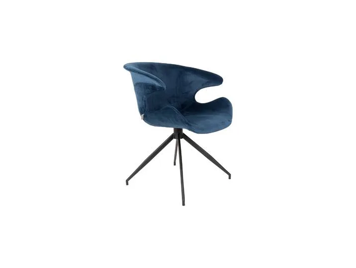 Fauteuil en velours bleu, assise large, structure en acier poudré de Zuiver – photo du produit