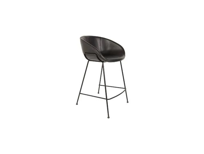 Tabouret de comptoir en cuir noir, assise baquet, coutures décora von Zuiver – Produktfoto