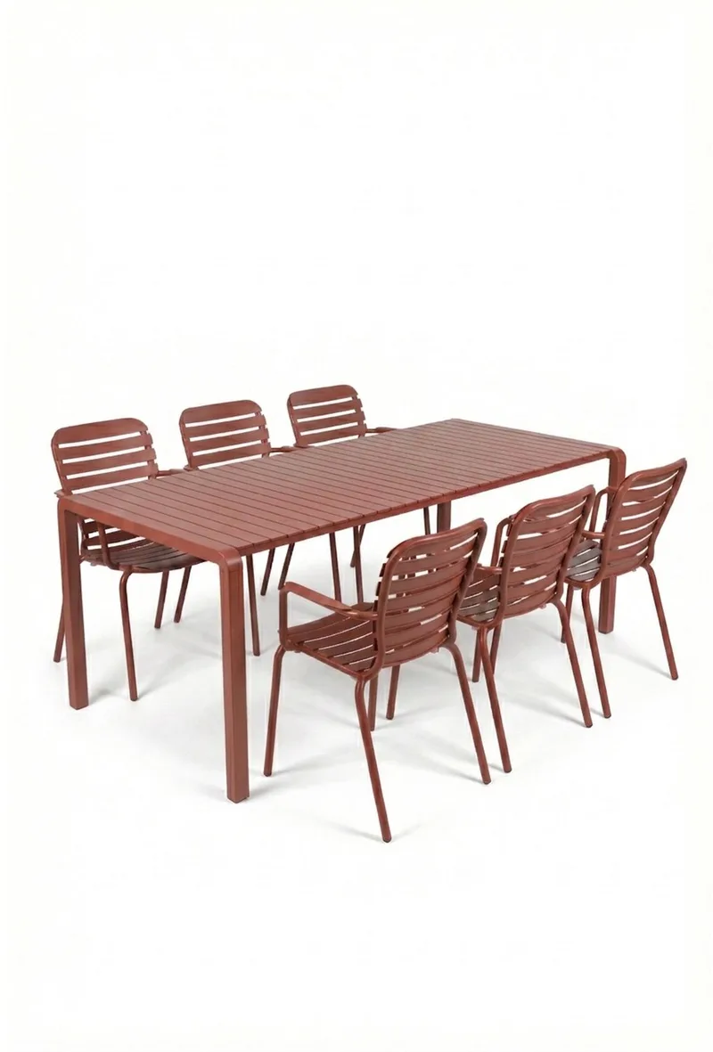 Vondel Tuinset 6 personen - tuintafel + 6 stoelen met armleuning von Zuiver in Rood – Produktfoto
