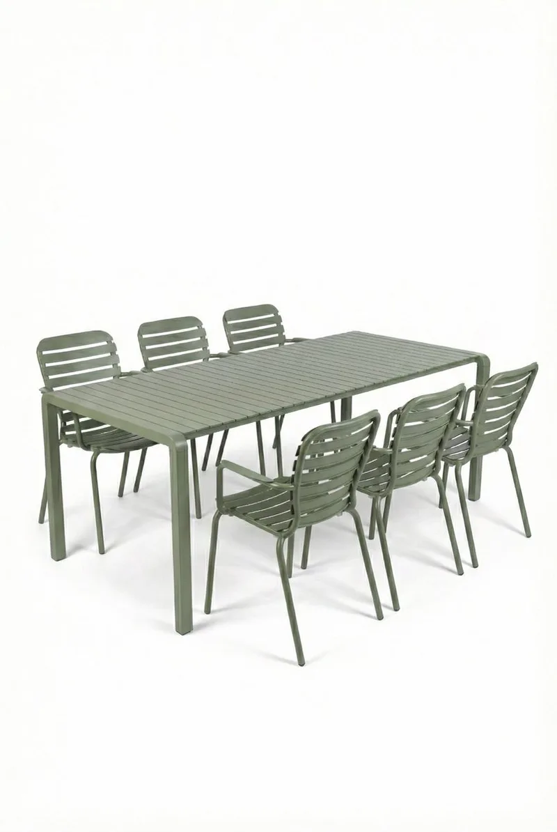 Vondel Tuinset 6 personen - tuintafel + 6 stoelen met armleuning von Zuiver in Groen – Produktfoto