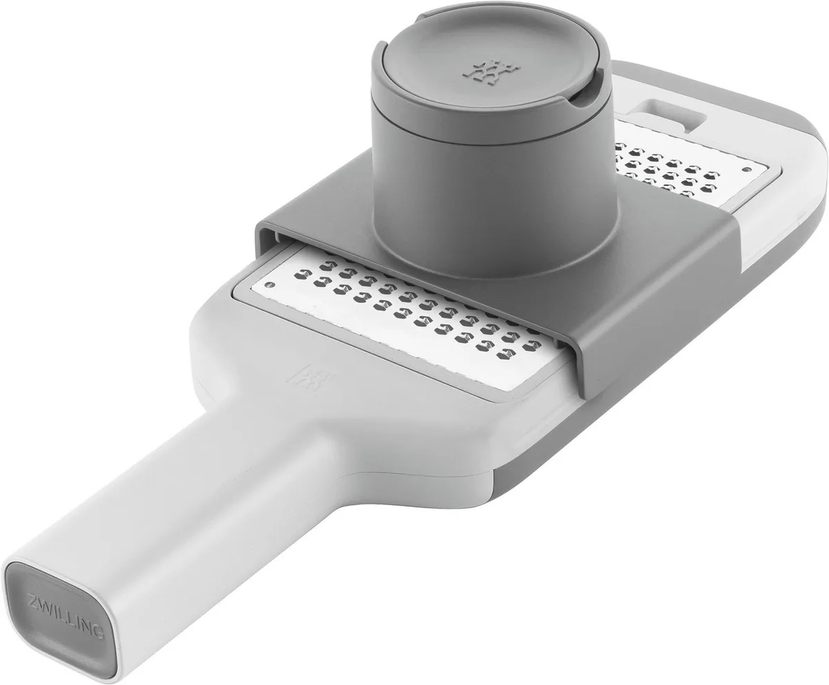 Multireibe Multi-Reibe mit Zwei-Wege-Reibtechnologie, inkl. Fingerschutz, Edelstahl 18/10, (1-St), Vier austauschbare Klingeneinsätze, anwendbar auf FRESH & SAVE Boxen fra Zwilling i Grå – produktbillede