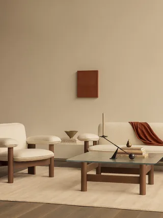 Brasilia Lounge Chair by Audo Copenhagen in Dark Stained Oak, Logan Flint, Low Back, Textile – interior photo 4 of 9