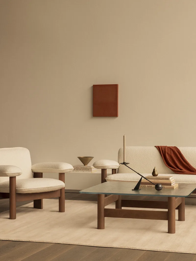 Brasilia Lounge Chair by Audo Copenhagen in Dark Stained Oak, Logan Flint, Low Back, Textile – interior photo 4 of 9