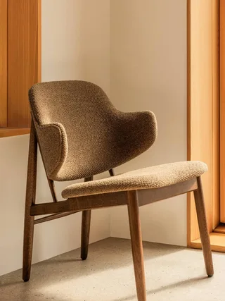 The Penguin Wooden Lounge Chair, Upholstered by Audo Copenhagen in Seat Upholstered, Natural Oak, Logan Fossil – interior photo 1 of 4