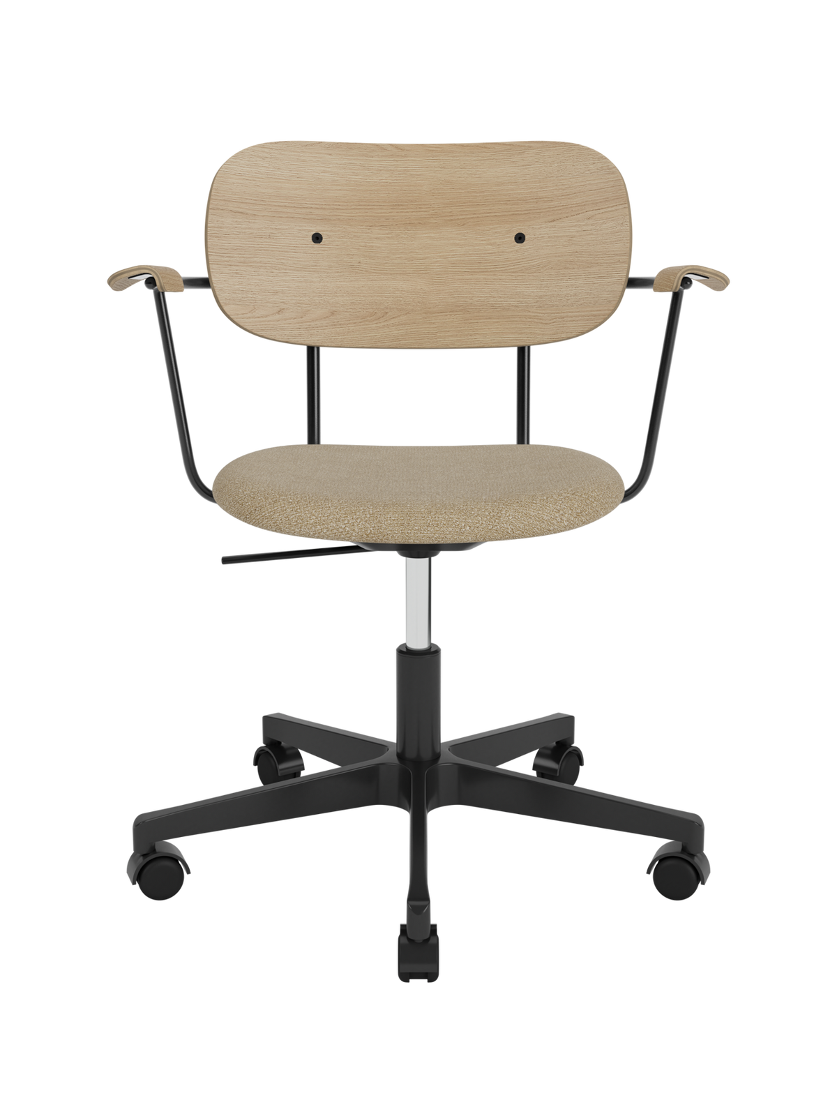 Co Task Chair by Audo Copenhagen in Natural Oak, Audo Bouclé 02, Seat Upholstered w/armrest, Black base – product photo