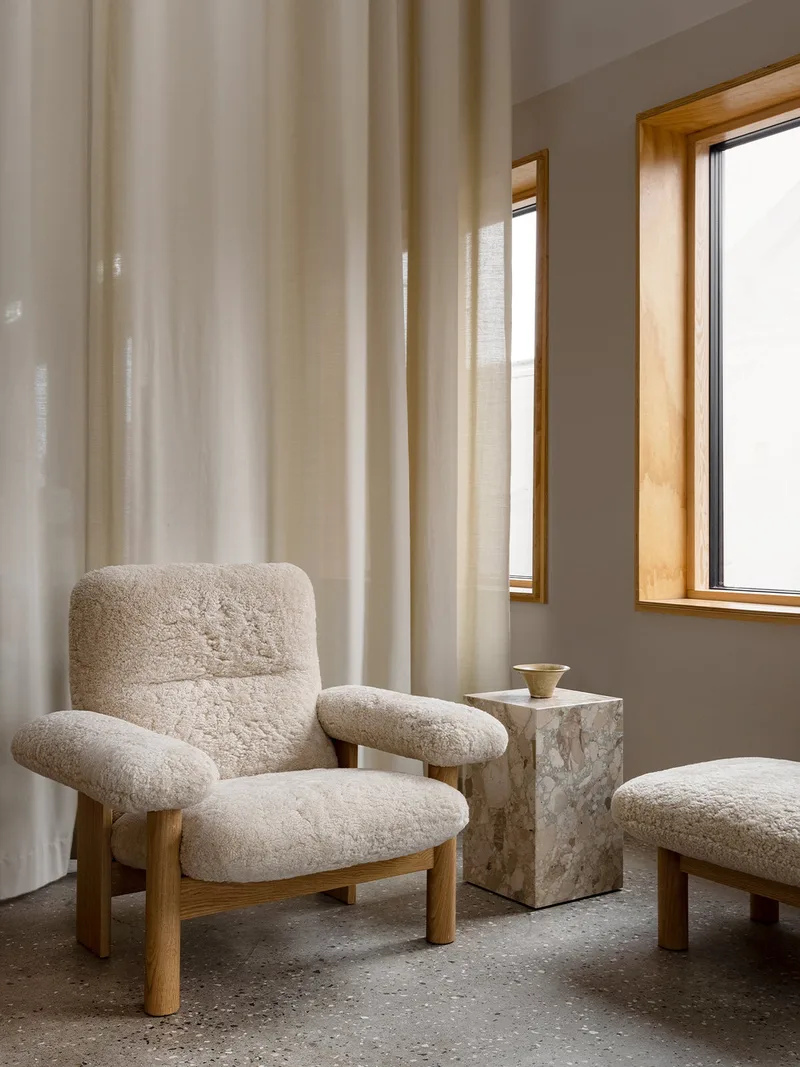 Brasilia Lounge Chair by Audo Copenhagen in Dark Stained Oak, Sheepskin Nature, High Back, Sheepskin – interior photo 1 of 30