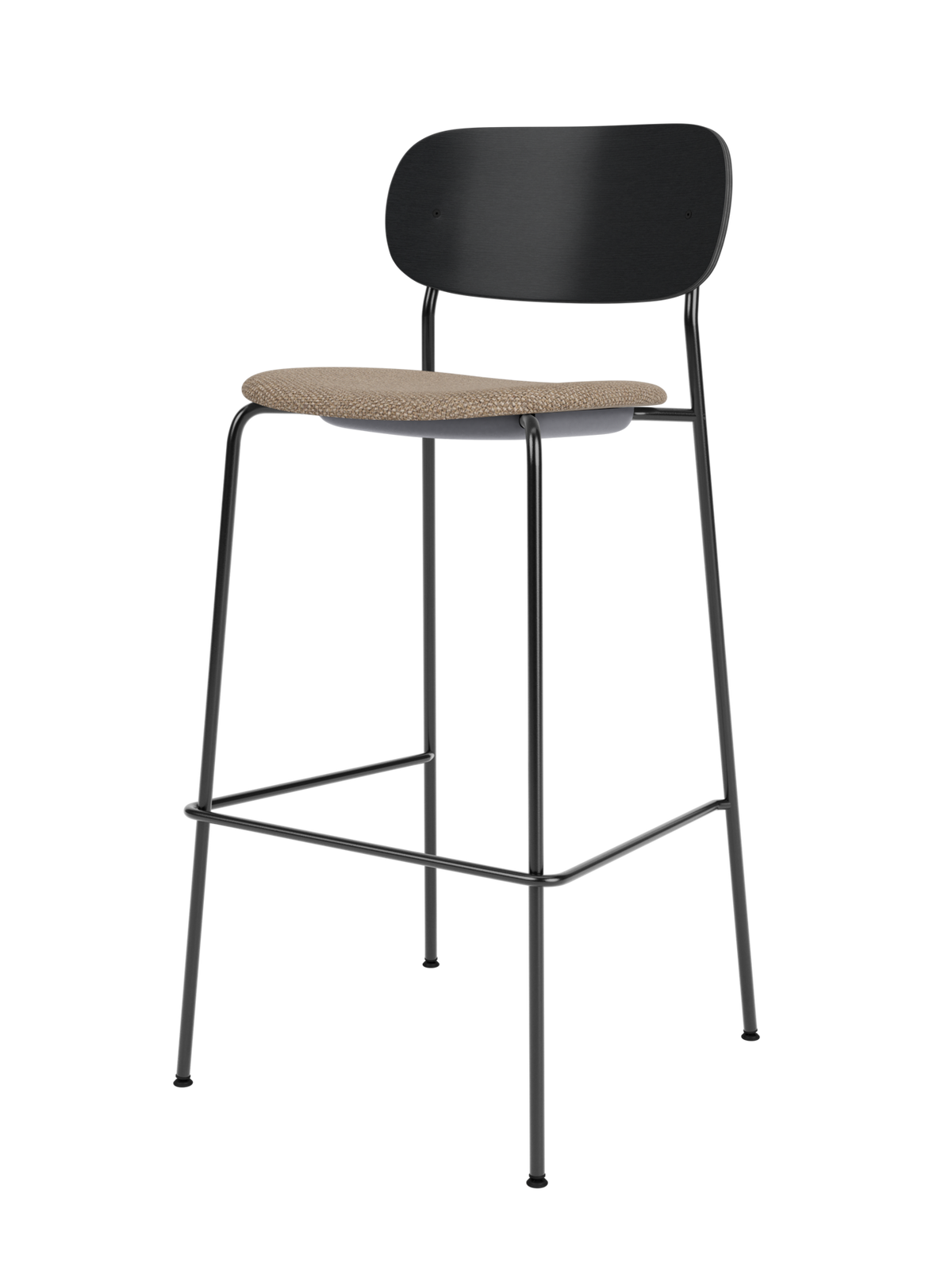 Co Bar Chair van Audo Copenhagen in Black Steel, Black Oak, Logan Flint, Seat Upholstered – productfoto
