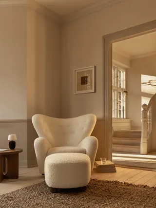 The Tired Man Lounge Chair by Audo Copenhagen in Natural Oak, Baena 15, Textile – interior photo 5 of 21