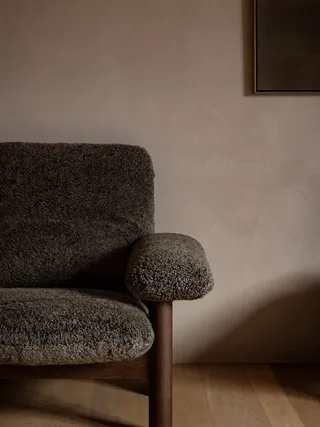 Brasilia Lounge Chair by Audo Copenhagen in Dark Stained Oak, Sheepskin Nature, High Back, Sheepskin – interior photo 2 of 30