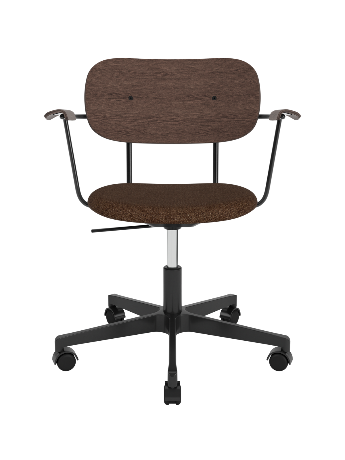 Co Task Chair by Audo Copenhagen in Dark Stained Oak, Audo Bouclé 07, Seat Upholstered w/armrest, Black base – product photo