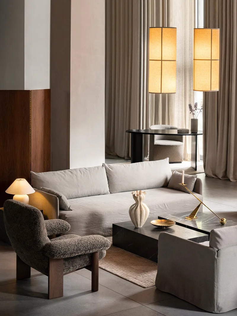Brasilia Lounge Chair by Audo Copenhagen in Dark Stained Oak, Sheepskin Nature, High Back, Sheepskin – interior photo 5 of 30