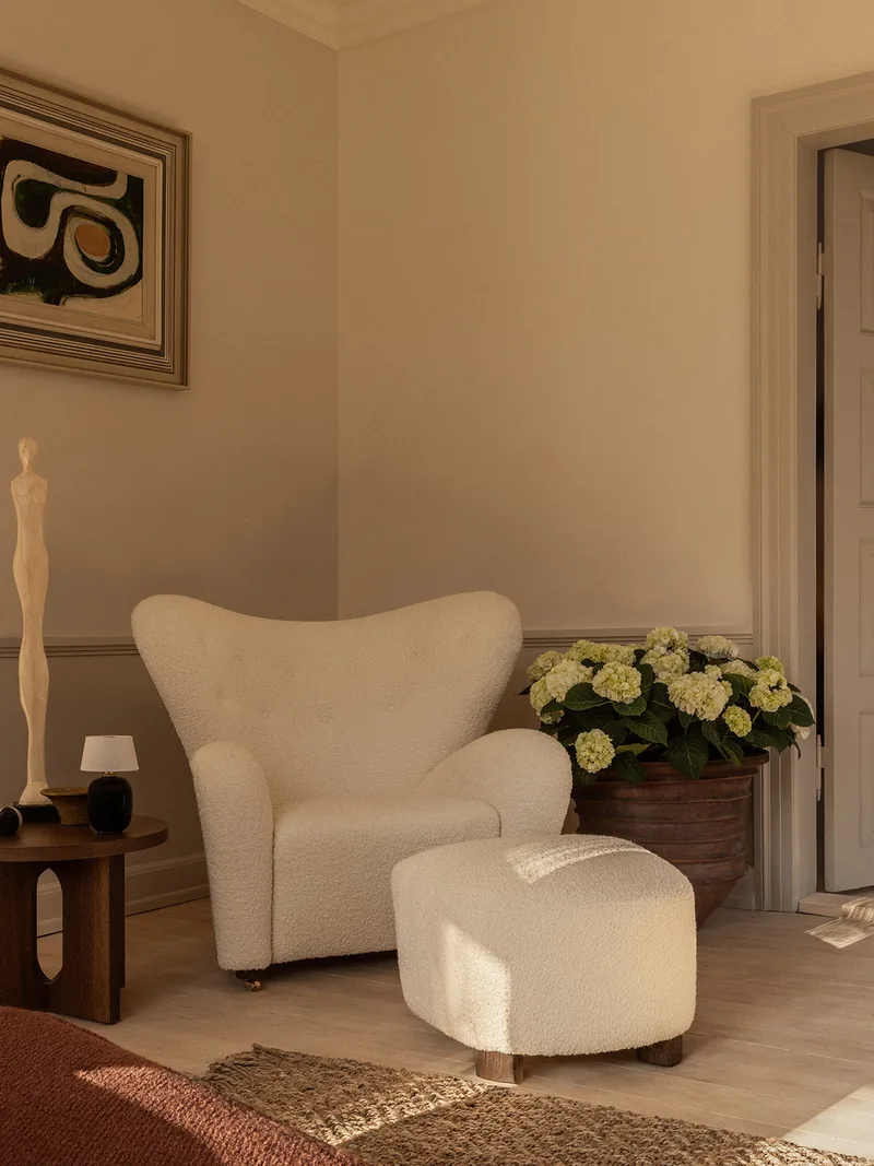 The Tired Man Lounge Chair by Audo Copenhagen in Natural Oak, Baena 15, Textile – interior photo 4 of 21