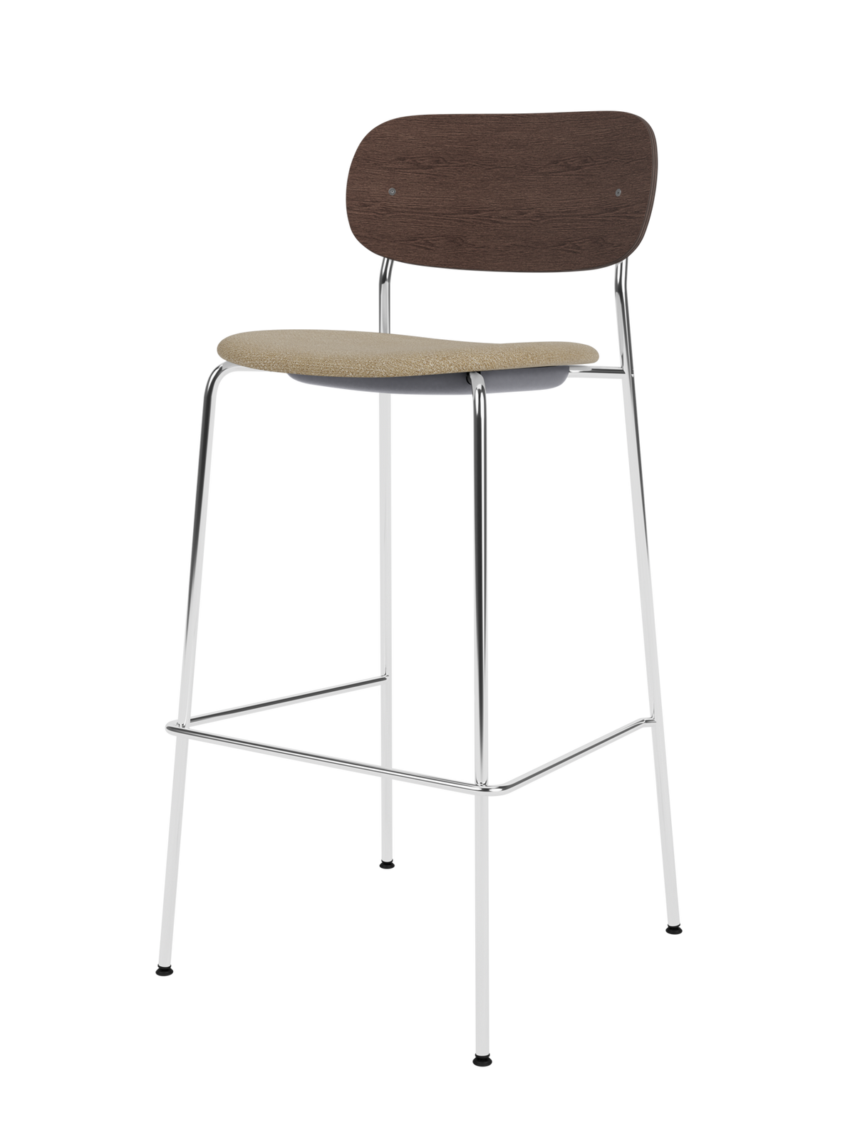 Co Bar Chair by Audo Copenhagen in Chrome, Dark Stained Oak, Audo Bouclé 02, Seat Upholstered – product photo