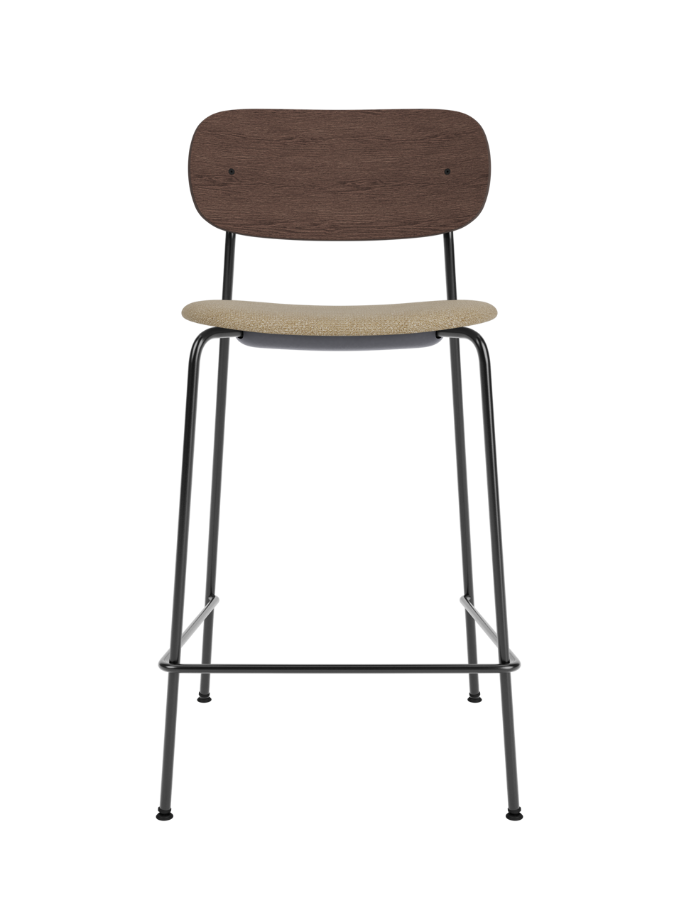 Co Counter Chair van Audo Copenhagen in Black Steel, Dark Stained Oak, Audo Bouclé 02, Seat Upholstered – productfoto