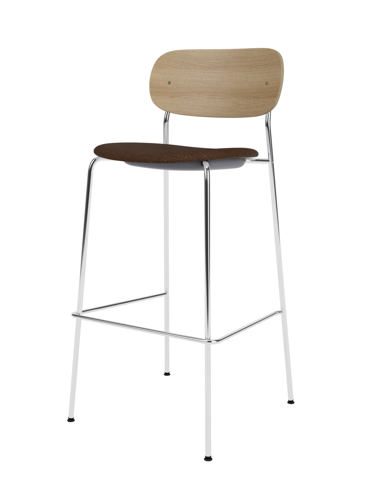 Co Bar Chair van Audo Copenhagen in Chrome, Natural Oak, Audo Bouclé 07, Seat Upholstered – productfoto