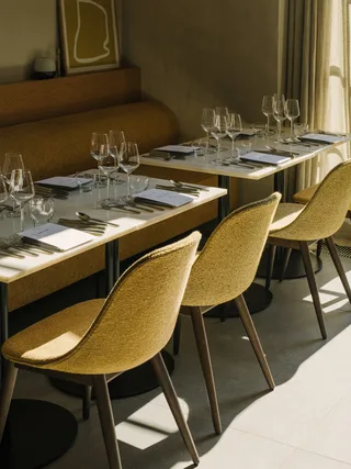 Harbour Side Dining Chair by Audo Copenhagen in Natural Oak, Audo Bouclé 02, Wooden Base – interior photo 1 of 2