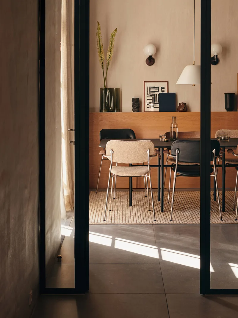 Co Dining Chair by Audo Copenhagen in Natural Oak, Logan Jasmine, Fully upholstered with armrest, Chrome – interior photo 1 of 3