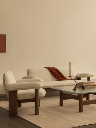 Brasilia Lounge Chair by Audo Copenhagen in Dark Stained Oak, Logan Flint, Low Back, Textile – interior photo 6 of 9