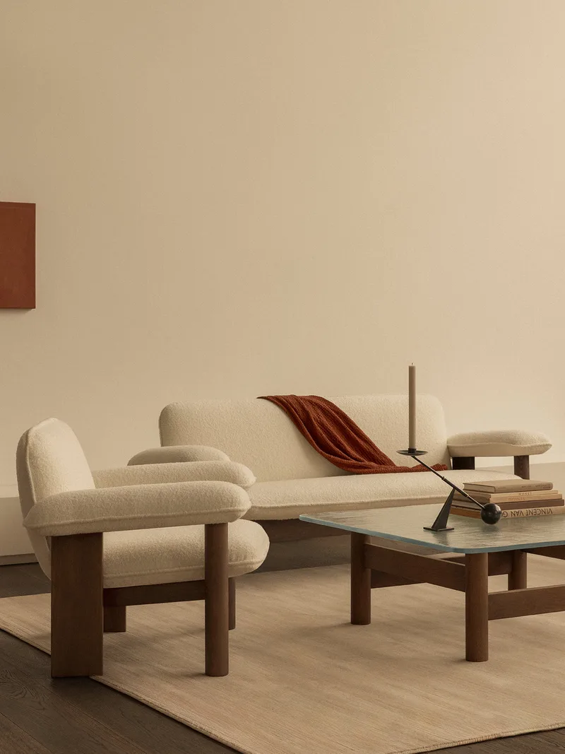 Brasilia Lounge Chair by Audo Copenhagen in Dark Stained Oak, Logan Flint, Low Back, Textile – interior photo 6 of 9