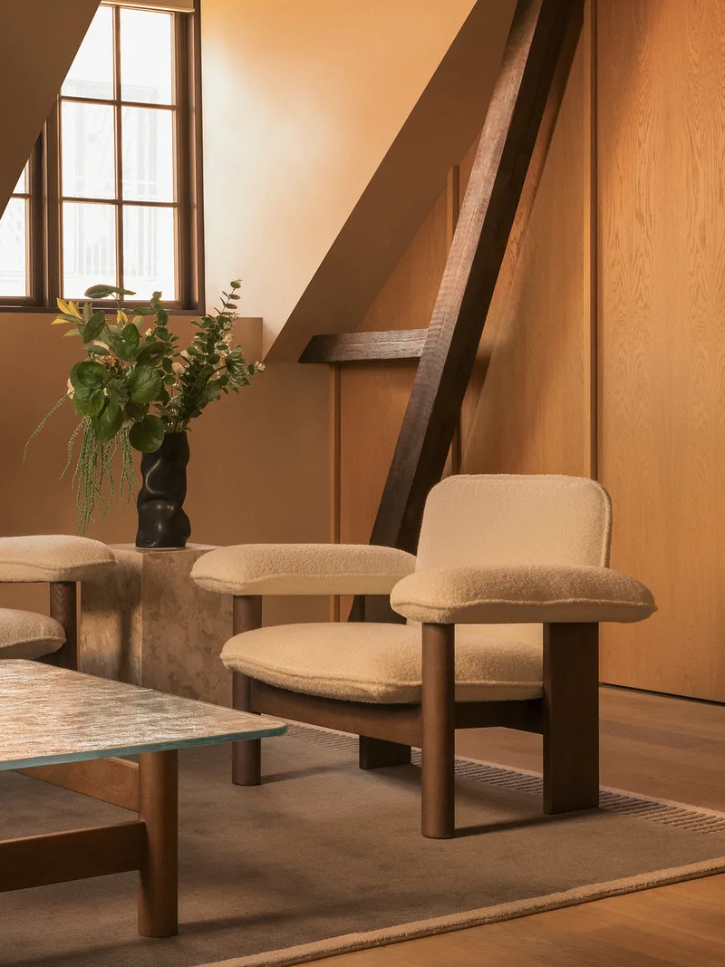 Brasilia Lounge Chair by Audo Copenhagen in Dark Stained Oak, Logan Flint, Low Back, Textile – interior photo 5 of 9