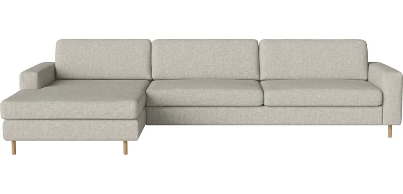 Scandinavia 4-zitsbank met chaise longue - links Scandinavia van BOLIA in Nantes – Soepel weefsel, Sand, Koudschuim, 13 cm geolied eiken – productfoto