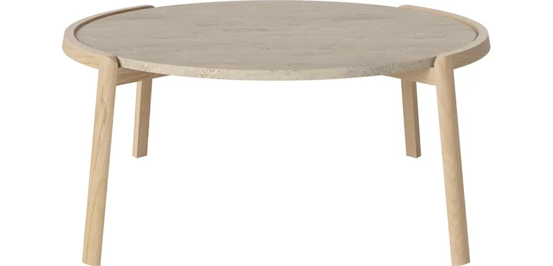 Mix Salontafel Ø94 cm Mix by BOLIA in Zandkleurig Travertine, Witgepigmenteerd geolied eiken, Massief, 42 cm – product photo